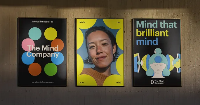 The Mind Company wellness branding system, minimal, corporate-clean, dark