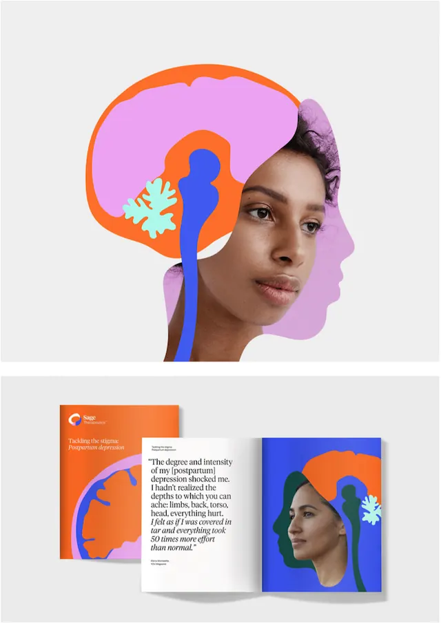 Portrait with abstract geometric overlay and brand collage, abstract, illustrated, vibrant