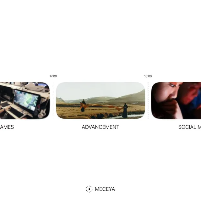 Three-column event broadcast timeline, editorial, minimal, light