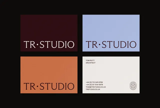 TR Studio identity system with color palette, minimal, geometric, high-contrast