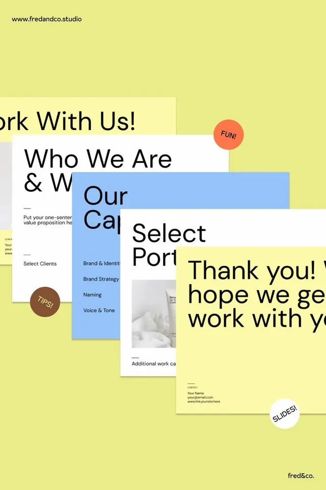 Fred & Co. branding agency deck mockup, minimal, corporate-clean, light