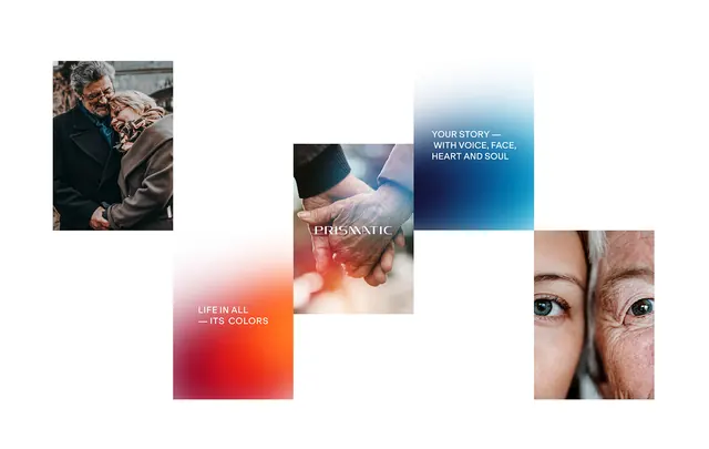 Modular editorial spread with warm color fields and portraits, editorial, minimal, warm