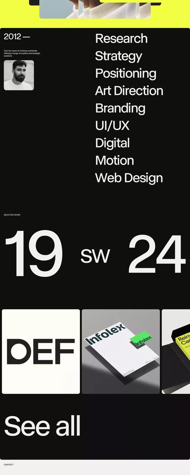 JARCOS studio identity with bold yellow, minimal, corporate-clean, dark