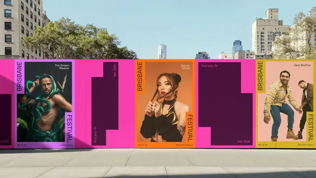 Neon festival billboard campaign, editorial, gradient-heavy, vibrant