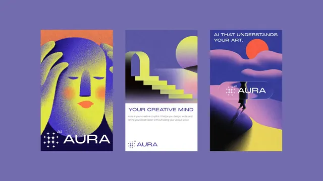AURA brand identity with gradient figure studies, gradient-heavy, illustrated, vibrant