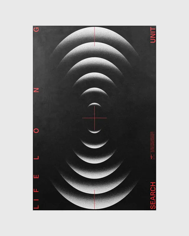 Concentric arcs typographic poster with geometric axis, minimal, geometric, dark