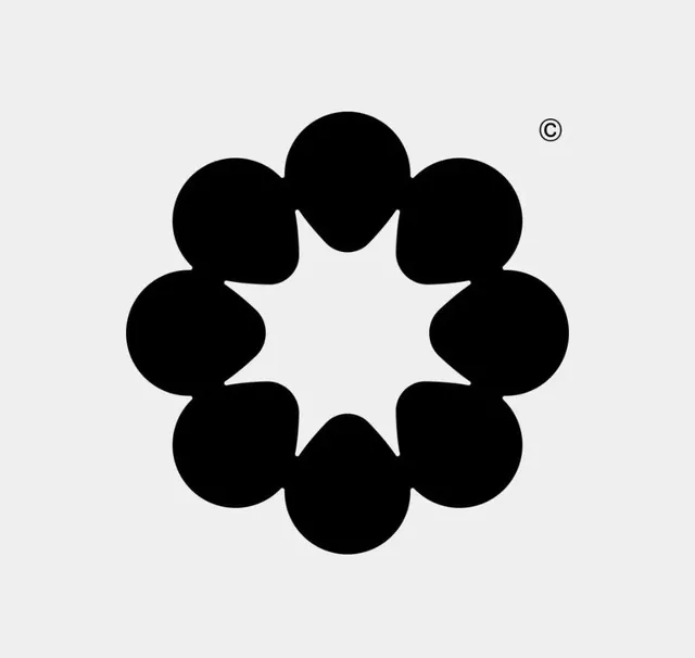 Radial geometric logo with nine circles, minimal, geometric, dark
