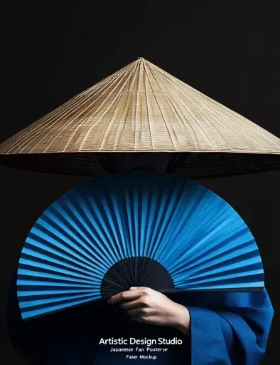 Japanese fan illustration with straw texture, minimal, abstract, cool