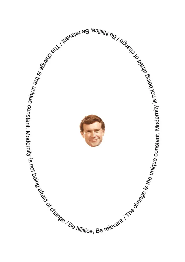 Circular typographic portrait with philosophical text, minimal, editorial, monochrome