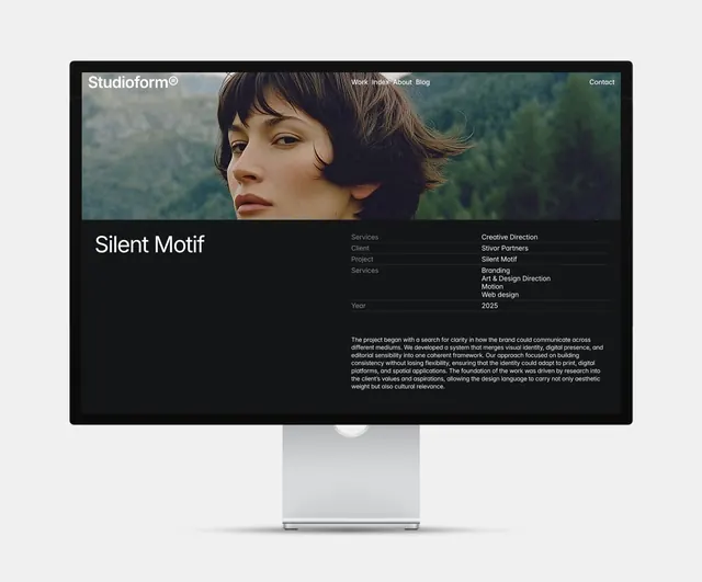 Studioform portfolio case study layout, minimal, corporate-clean, light