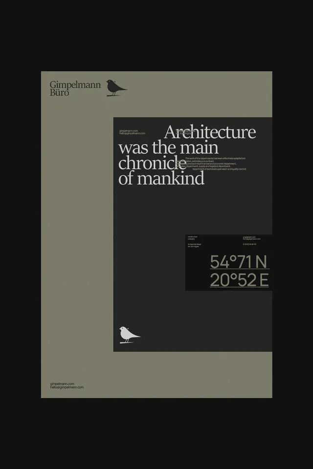 Gimpelmann Büro minimalist poster with serif headline, minimal, corporate-clean, dark