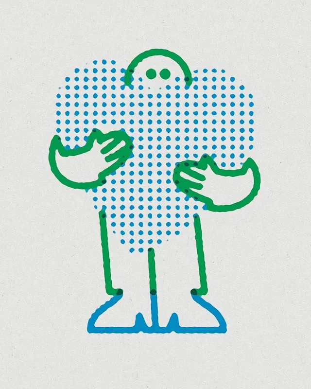 Dotted-fill ghost figure in teal and green, line-art, minimal, cool