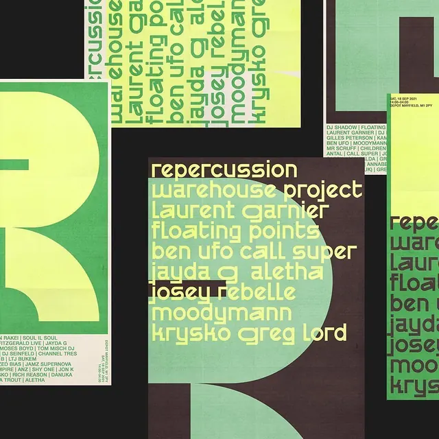 Repercussion Warehouse Project typographic poster, abstract, editorial, high-contrast