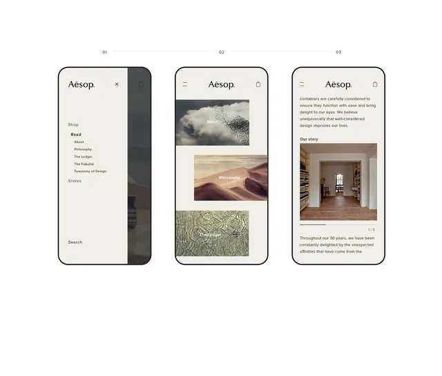 Aesop mobile app UI pattern system, minimal, editorial, light