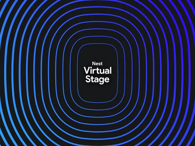 Concentric electro-blue branding for Virtual Stage, abstract, geometric, dark