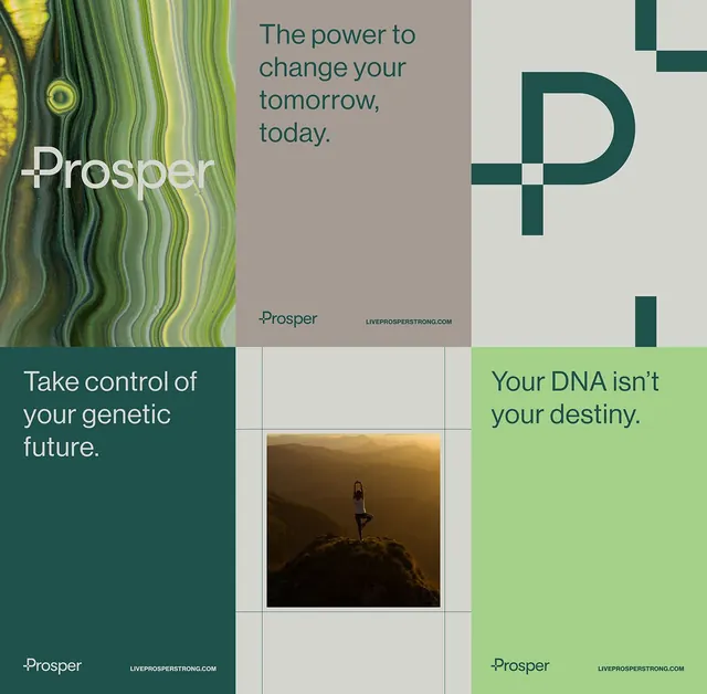 Prosper genetic wellness brand identity, minimal, corporate-clean, light