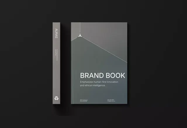 Auras brand book cover, minimal, corporate-clean, dark