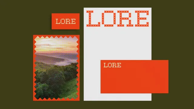 LORE editorial identity with textured landscape, minimal, retro, light