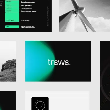 Trawa brand identity with neon gradient, minimal, dark-mode, cool