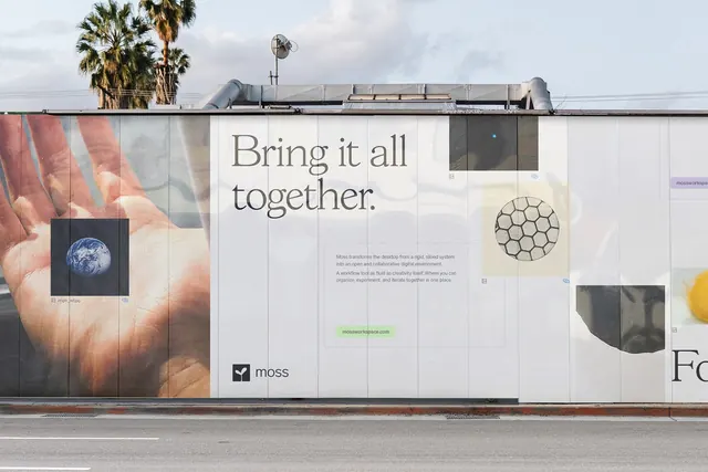 Moss billboard identity system campaign, minimal, corporate-clean, light