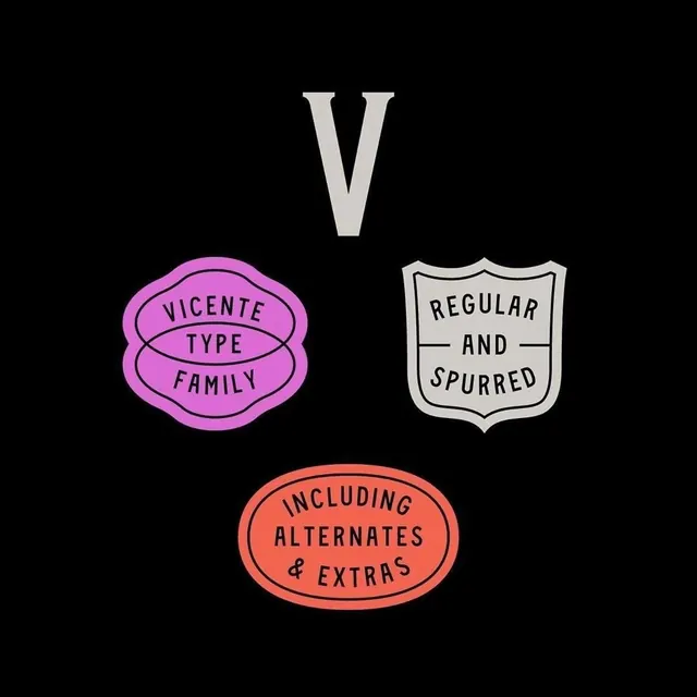 Vicente Type Family identity with badge system, minimal, playful, dark