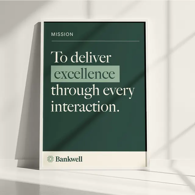 Bankwell mission statement card mockup, minimal, corporate-clean, light