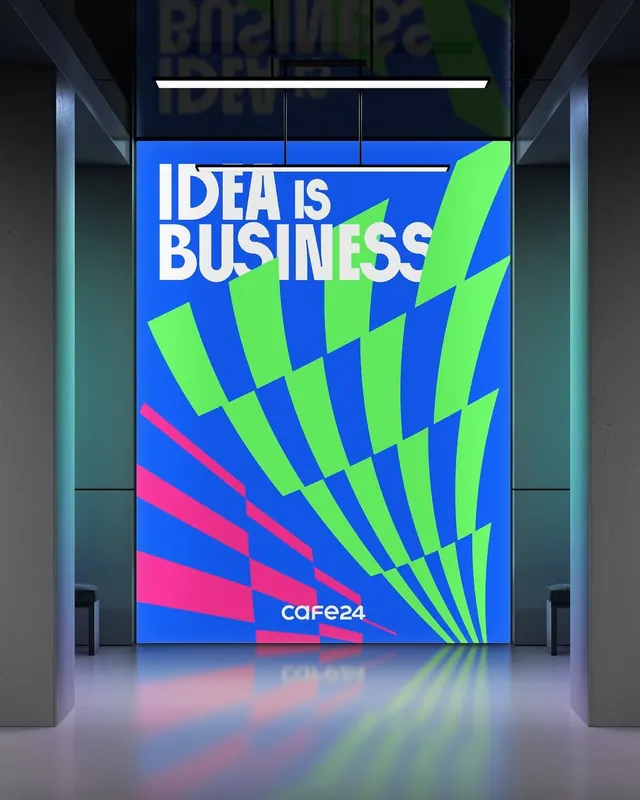 Cafe24 event poster, geometric sunburst, geometric, gradient-heavy, vibrant