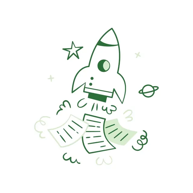 Hand-drawn rocket with scattered icon system, minimal, line-art, light