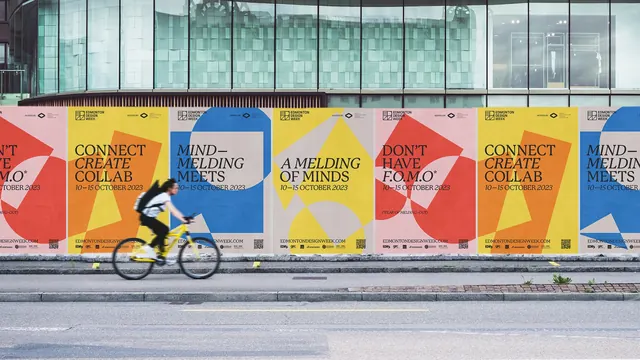 Edmonton Design Week poster wall in situ, geometric, typographic, vibrant