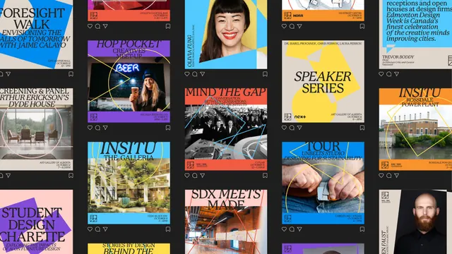 Edmonton Design Week social post grid, editorial, typographic, dark