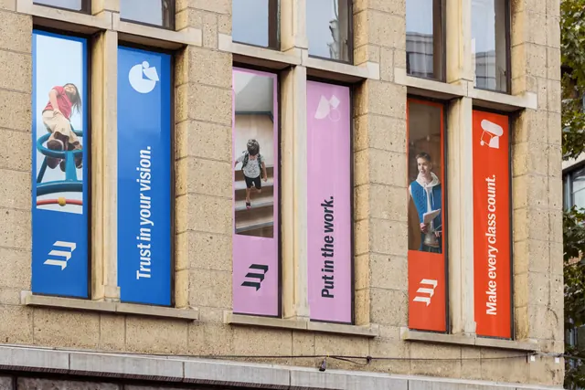 Education Elements facade banners in three colorways, geometric, photographic, vibrant