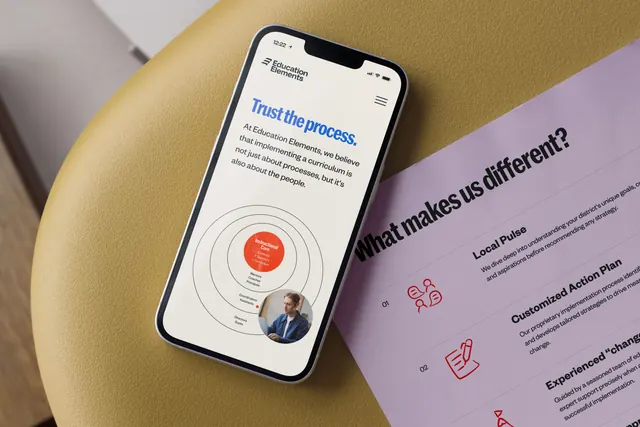 Education Elements mobile site and lilac print sheet, editorial, corporate-clean, light