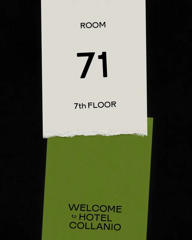 Hotel Collanio room-number signage, minimal, corporate-clean, light