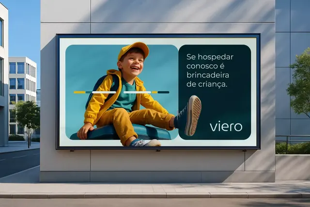 Viero billboard branding with character illustration, minimal, playful, warm