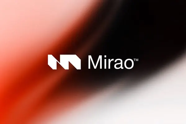 Mirao geometric logo with coral-to-black gradient, minimal, geometric, warm