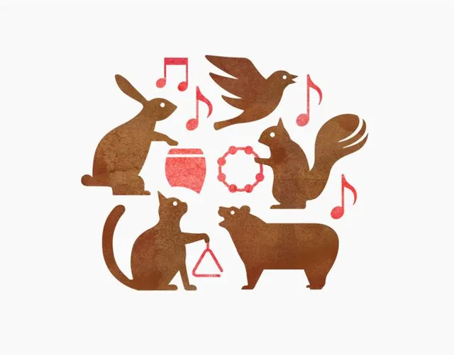 Woodland animal illustration with musical motifs, illustrated, line-art, warm