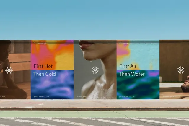 Modular portfolio grid with sensory color blocks, minimal, geometric, warm