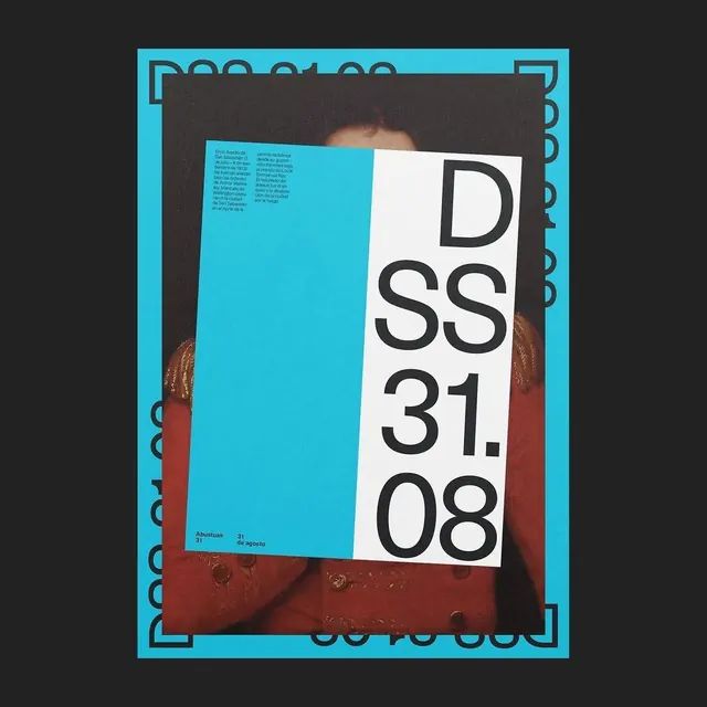 High-contrast date poster with turquoise frame, minimal, editorial, dark