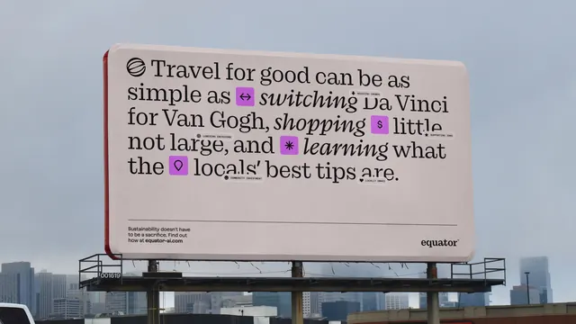Equator billboard with annotated serif copy, editorial, typographic, muted