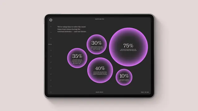 Equator analytics slide of glowing percentage bubbles, dark-mode, data-dense, dark