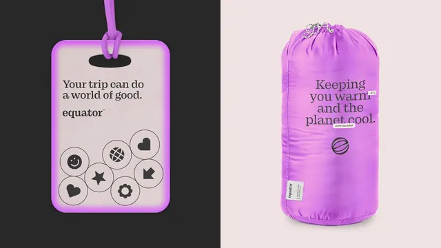 Equator luggage tag and stuff sack in violet, minimal, photographic, vibrant