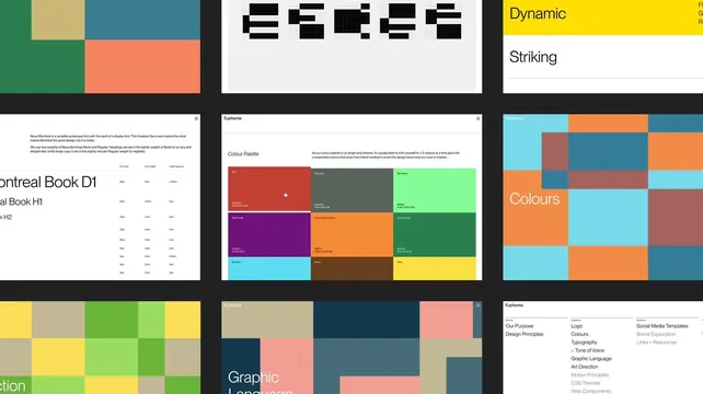 Euphemia brand guidelines page grid, swiss, minimal, dark