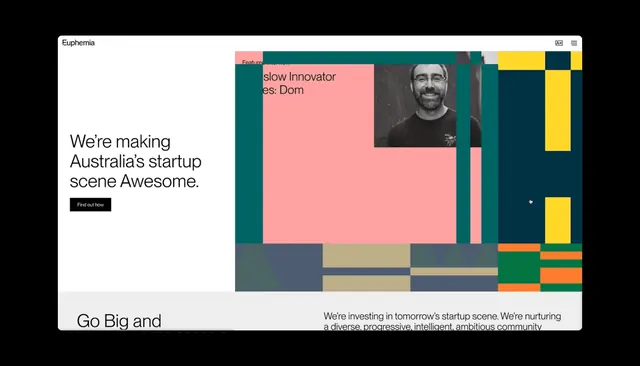 Euphemia homepage split between statement and color mosaic, minimal, geometric, light