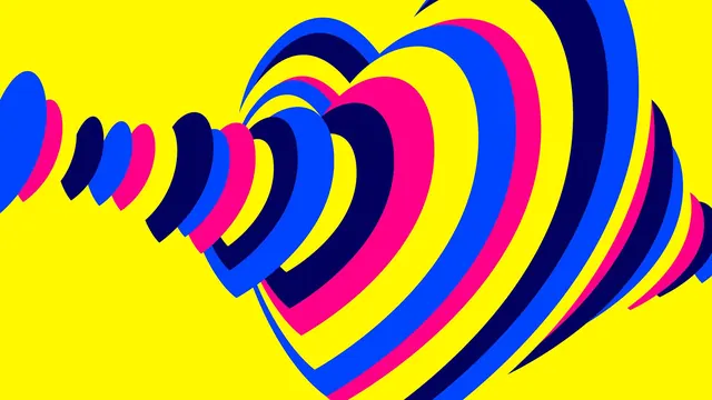 Eurovision 2023 layered heart graphic on yellow, flat, geometric, vibrant