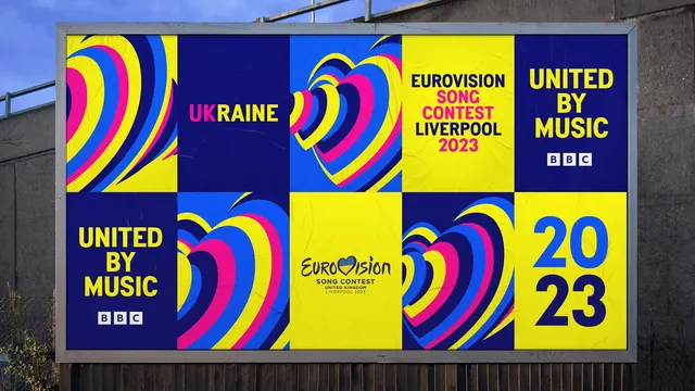 Eurovision 2023 billboard of ten-panel poster grid, flat, geometric, vibrant