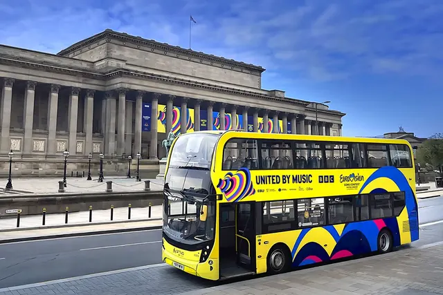Eurovision 2023 double-decker bus livery, photographic, flat, vibrant