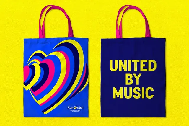 Eurovision 2023 tote bags in blue and navy, flat, geometric, vibrant