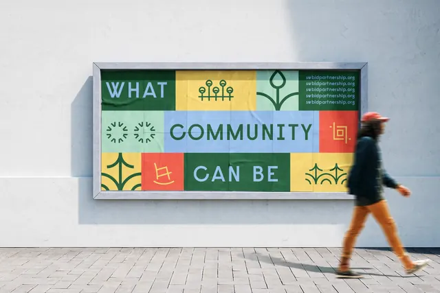 SWBID billboard built from modular color blocks and line icons, flat, geometric, vibrant