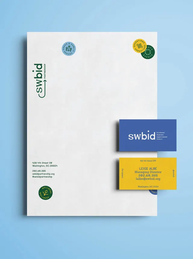 SWBID letterhead and business card stationery, minimal, corporate-clean, light
