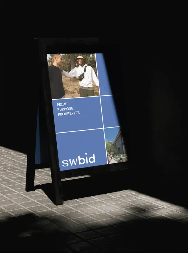 SWBID A-frame sidewalk sign in spotlight, photographic, cinematic, dark